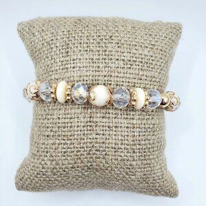Elegant 6-Inch Stretch Bracelet With White & Clear Glass Beads